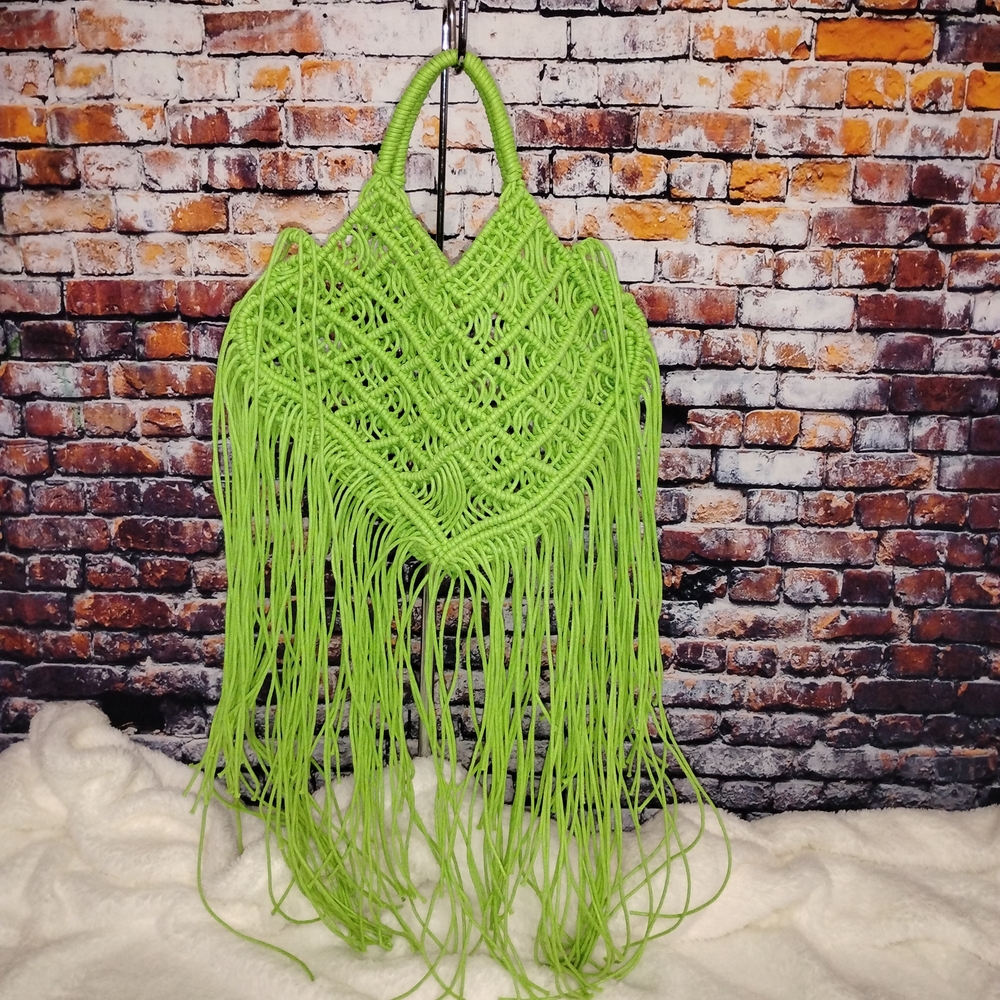 Green Macramé Fringe Tote Bag Boho Chic Hippie Handbag Purse Spring Summer
